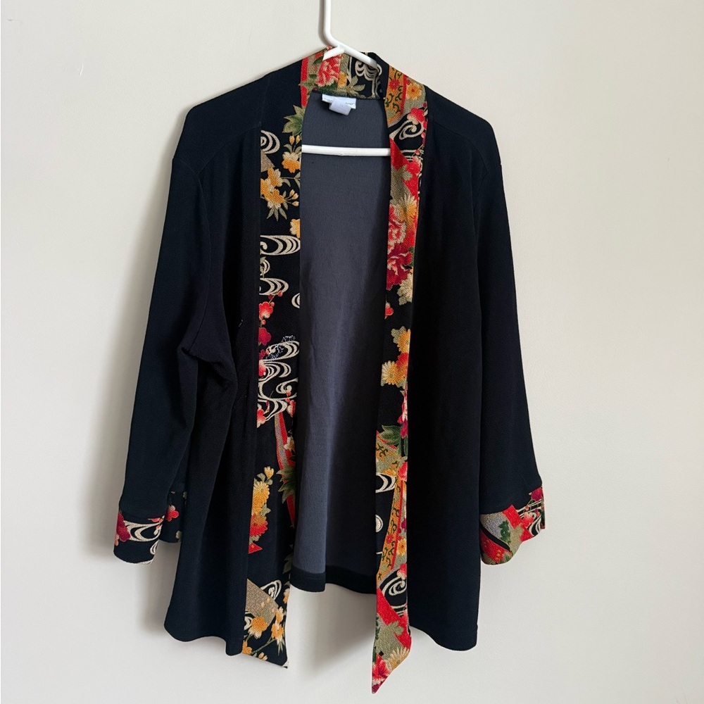Soft Surroundings Floral Trim Black Kimono Cardigan size 1X